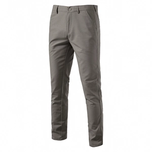 Detail of grey men's linen trousers showing waistband, side pockets and fabric texture