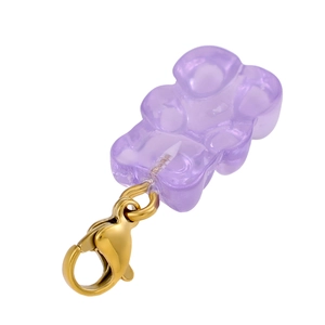 Translucent purple resin gummy bear pendant with a golden lobster clasp on white background