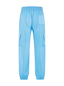 Rear view detail of light blue drawstring cargo pants with textured fabric and back pocket