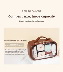 Grande beauty case marrone in ecopelle con finestra in PVC e doppia chiusura a zip