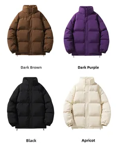 Detailed grid view of unisex hooded padded jackets in coffee, purple, black and apricot