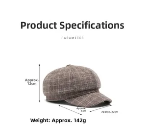 Detailed parameter diagram of the brown plaid newsboy cap with size and weight info