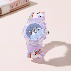 Close-up of light purple silicone strap featuring cute rainbow unicorn cartoon patterns