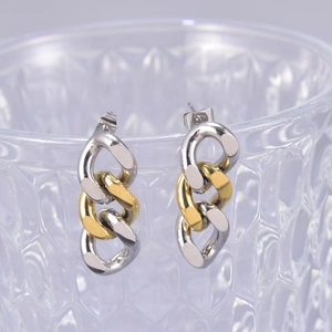 Minimalist Two Tone Titanium Steel Chain Earrings Gold Silver Plated Interlocking Link Long Drop Earrings Fashion Women Jewelry