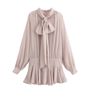 Chiffon Mini Dress Long Lantern Sleeve Bow Tie Neck Ruffle Hem Elegant Solid Color Party Wear For Women