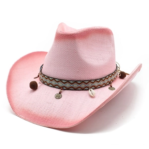 Rosa Cowboyhut mit Farbverlauf, ethnischem Band, Muscheln und Münzanhängern