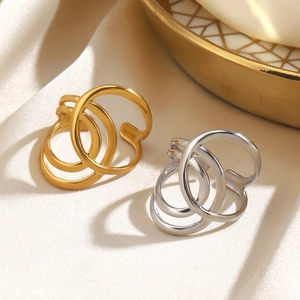 Minimalist Cross Lines Ring Multi Layer Geometric Stainless Steel Vacuum Gold Plated Open Adjustable Jewelry For Women