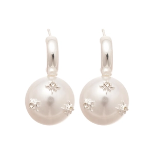 Elegant C-shaped silver needle pearl earrings with zircon stars and minimalist hook design