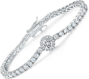 Detail shot of silver tennis bracelet with 6mm white round zircon and buckle clasp