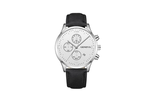 Detailed close-up of a white dial men's quartz watch with a calendar window and leather strap