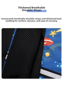 Detail of thickened breathable mesh shoulder straps on the rocket print backpack