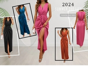 Detail view of v-neck sleeveless summer dress with waist twist and high side slit