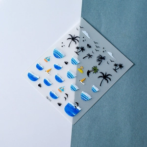 5D ocean beach theme nail art stickers with blue waves, palm trees, and sailboats TS-111