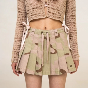 Camouflage Plissee Minirock Baumwolle Hohe Taille Schnürung Camo Streetwear Y2K Stil Für Damen