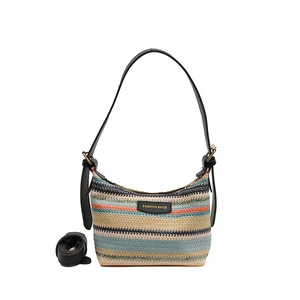 Colorful striped woven straw shoulder bag with black top handles and fashion logo