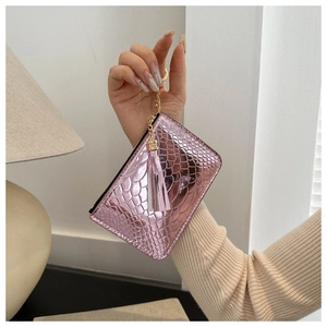 Pink metallic crocodile texture coin purse with tassel and golden keychain