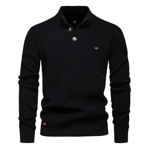 Detail of black knit sweater featuring a stand collar with three-button half-placket closure