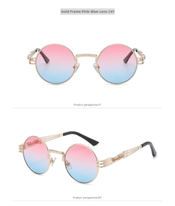 Macro detail of gold metal steampunk sunglasses with pink-blue gradient lenses C41