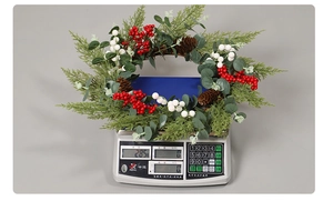 Detail showing Christmas wreath with pine cones and red berries on a digital scale