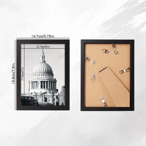 Detailed dimensions and back view of a minimalist black 5x7 inch photo frame