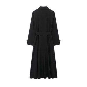 Classic black trench coat dress with adjustable waist belt and full skirt back view