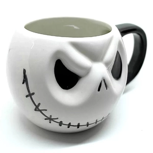 Macro detail of Jack Skellington 3D ceramic skull mug with stitched mouth and black handle