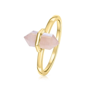 Macro detail of S925 silver gold-plated ring with hexagonal pink rose quartz crystal
