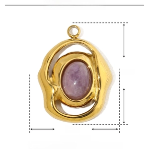 Detailed size measurement of a gold stainless steel oval pendant with purple natural stone