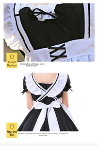 Detail of maid dress with ruffled lace, black ribbon bow and long adjustable back straps