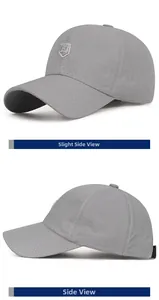 Detail view of grey quick-dry baseball cap featuring breathable laser-cut holes and logo