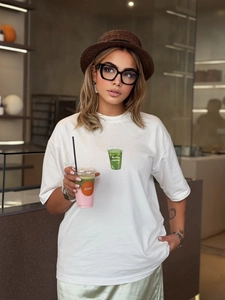 Women Cotton Blend Oversized T-Shirt Matcha Coffee Cup Print Streetwear Short Sleeve Round Neck Casual Loose Top