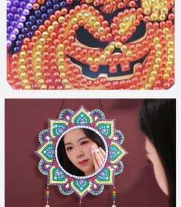 Detail of DIY diamond painting pumpkin pattern and mandala wind chime mirror with beads