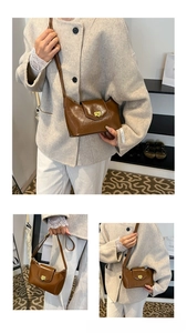 Detail of brown leather bag showing fine texture and golden metal clasp closure