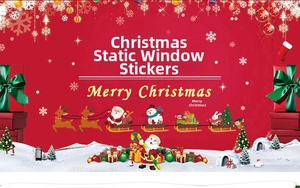 Detailed Christmas window stickers showing Santa sleigh and snowman on red background