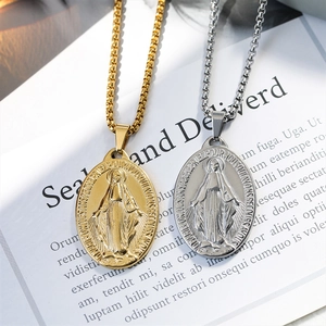 Gold and silver stainless steel oval Miraculous Medal pendants on box chains