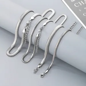 Stainless Steel Necklace And Bracelet Flat Herringbone Snake Chain Minimalist Silver Color Jewelry For Men Women