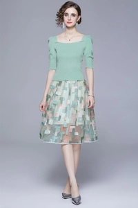 Women's 2-piece set featuring a light green knit top and embroidered mesh maxi skirt