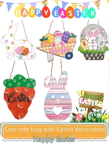 Close-up of wooden Easter pendants with rabbit and egg designs and hanging ropes