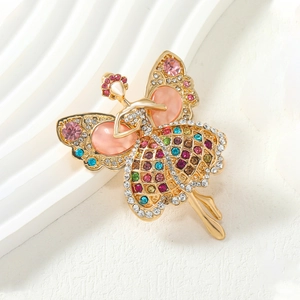 Vintage ballerina fairy brooch in gold finish with colorful crystals and pink gemstones