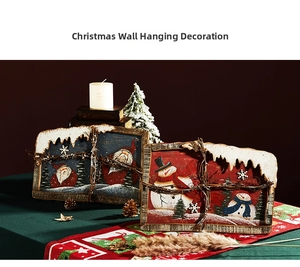 Rustic Christmas wall decor with Santa Claus print, wood frame, and lit festive LED accents