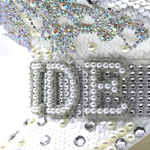 White sequin bride hat with pearl BRIDE letters and rhinestone crown for parties