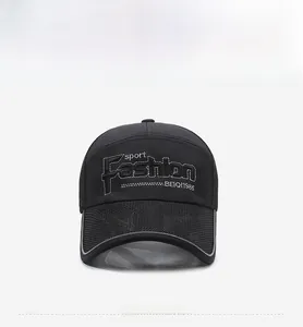 Close-up of black breathable mesh baseball cap with white Fashion Sport embroidery detail