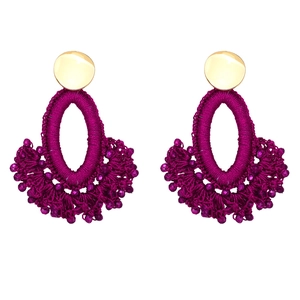 Bohemian fan-shaped tassel earrings with purple handmade beads and gold metallic studs