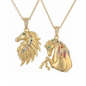 Collier Pendentif Cheval Cuivre Plaqué Or Zircone Cubique Colorée Bijoux Hip Hop Pour Hommes Femmes