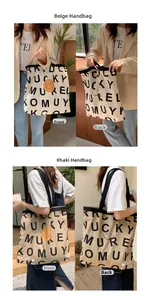 Detailansicht der Smiley- und Buchstabendrucke auf beigen und khakifarbenen Stofftaschen