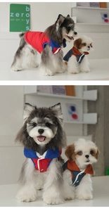 Close-up of quilted pet winter vest with corduroy collar and button closure details