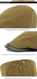 Close-up of wool blend herringbone fabric and black leather brim with metal buckle detail