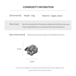 Detail showing dimensions and 7.8g weight of zircon flower ring in silver copper