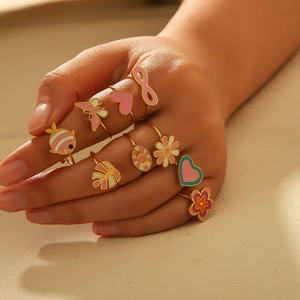 Colorful enamel dripping oil rings set with butterfly and heart designs for women