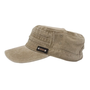 Detail of khaki military patrol cap featuring a leather Sport badge and side vents